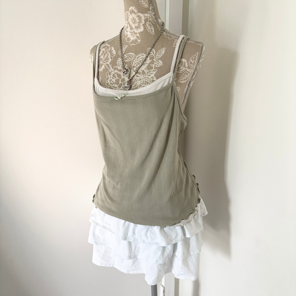Arizona Jean Co Sage Green Ribbed Double Layer Tank Top XL Rosette Lettuce Hem